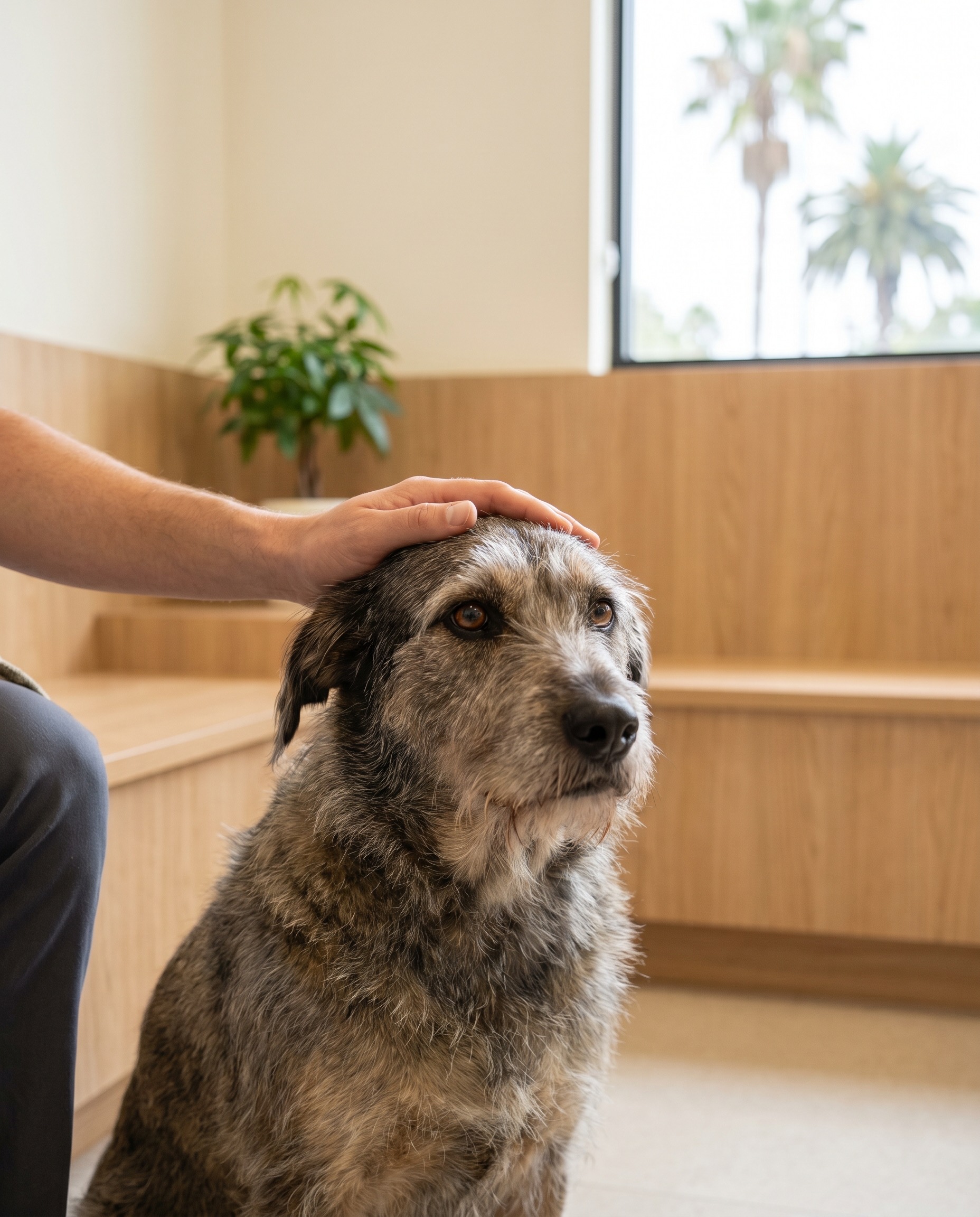 A gentle hand resting on a senior dog's head inside a calm Fort Lauderdale veterinary clinic