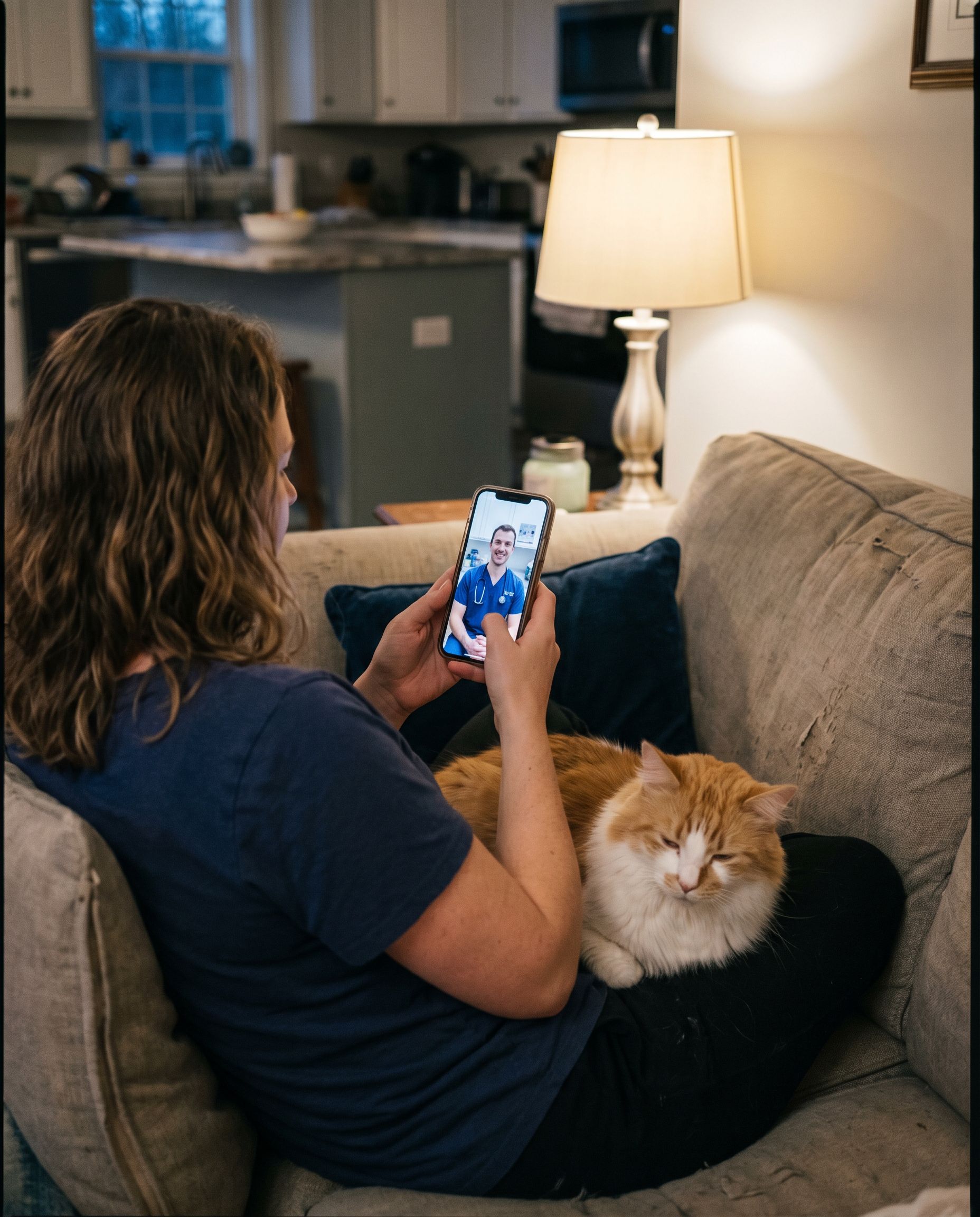 A pet owner at home on a phone video call with a veterinarian, cat in lap