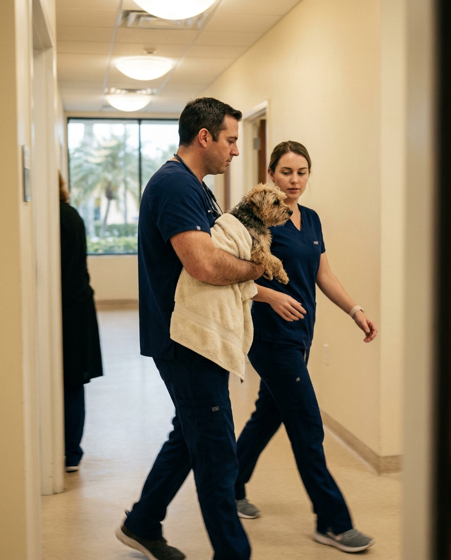 Pet Emergency Center clinical team responding to an emergency case in the hospital hallway