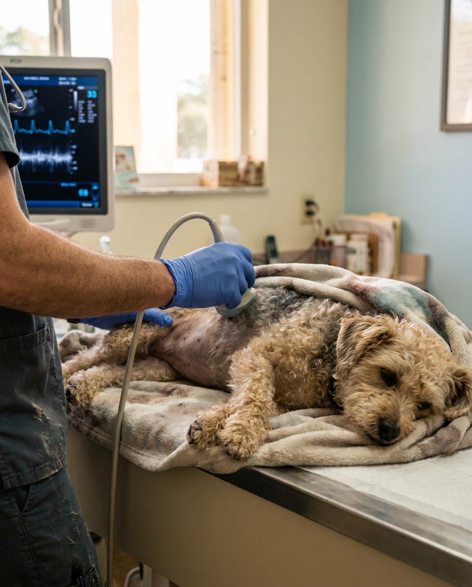 Veterinarian performing same-visit ultrasound diagnostics on a calm small dog at Pet Emergency Center
