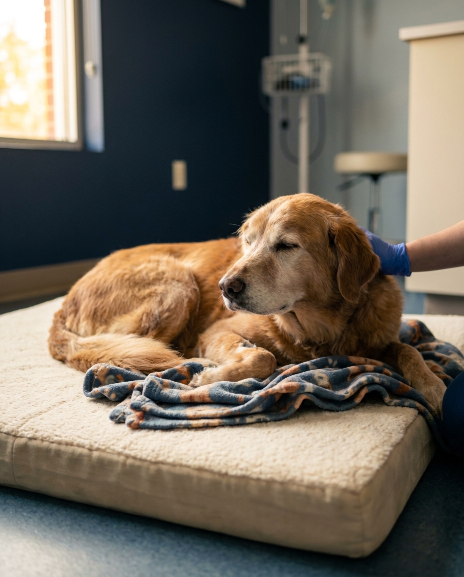 Older dog resting peacefully in a softly lit recovery area with a veterinarian's hand on its shoulder