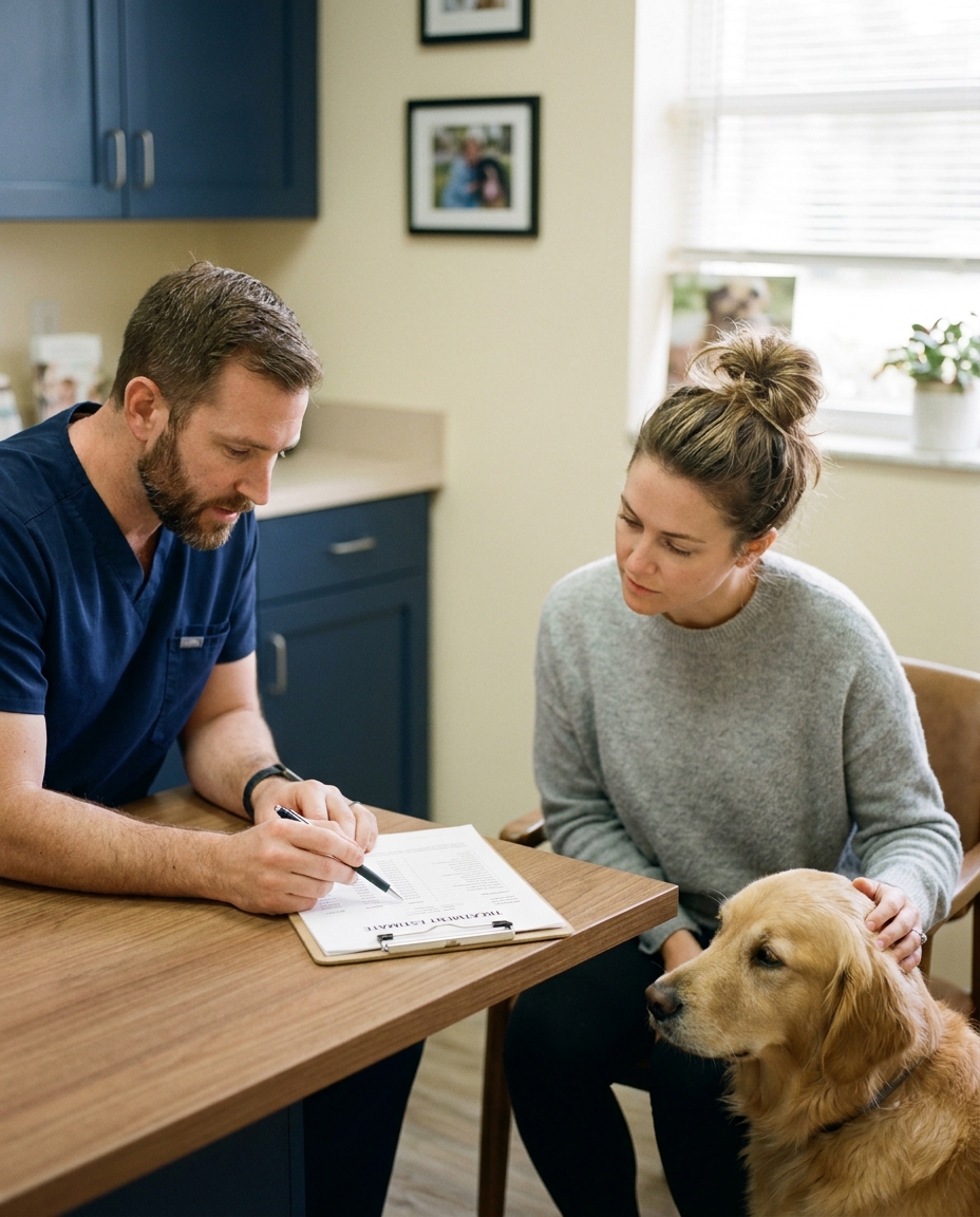 Veterinarian walking through a treatment estimate with a pet owner and their dog at Pet Emergency Center