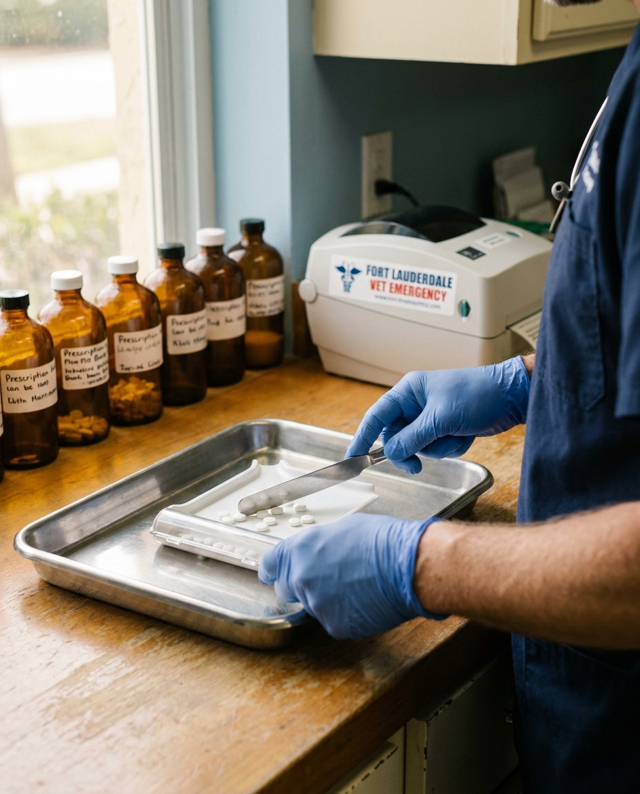 Veterinarian counting medication in the on-site pharmacy at Pet Emergency Center