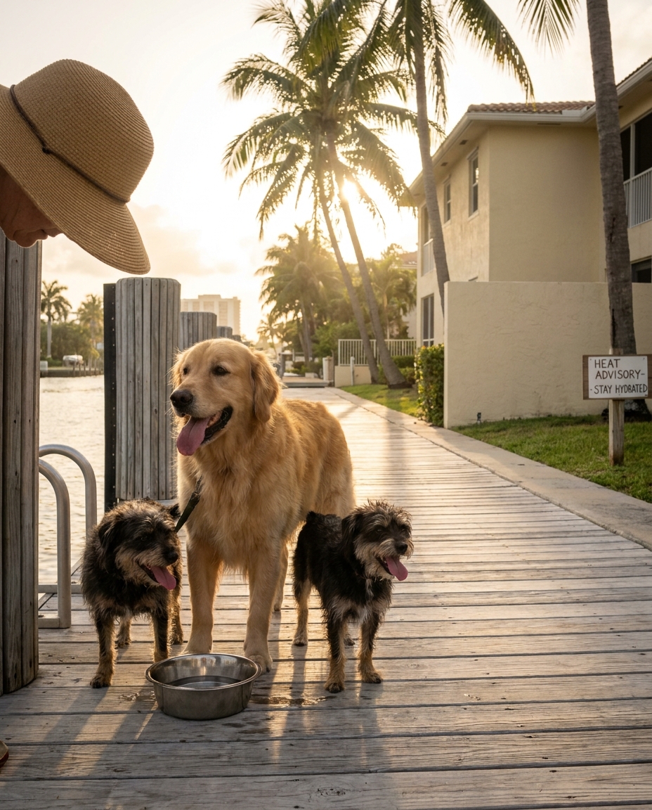 Two dogs panting near a water bowl at golden hour in South Florida heat
