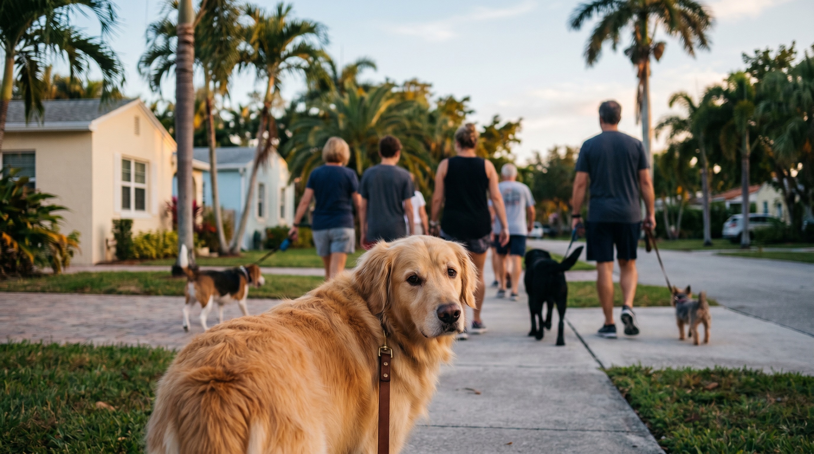 People walking their dogs at golden hour along a palm-lined South Florida street