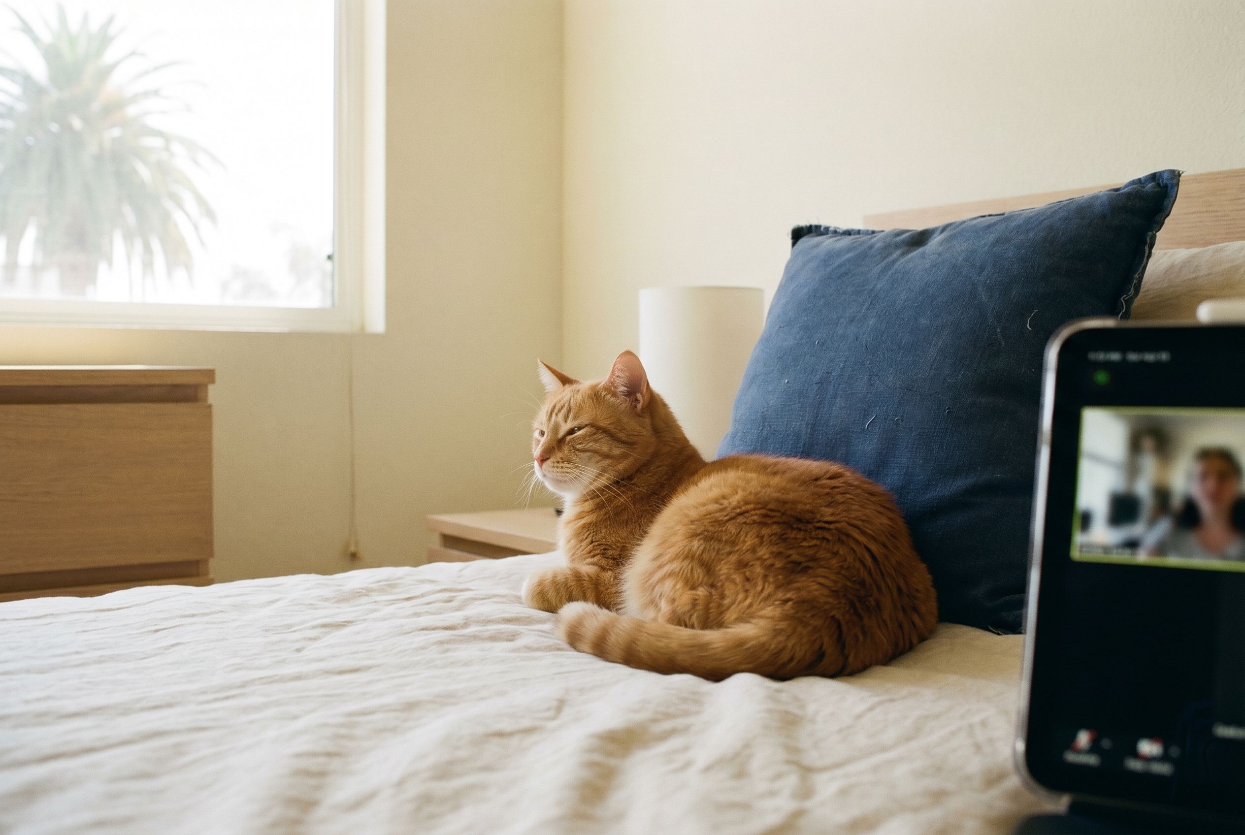 A calm orange tabby cat lying on a bed in a sunlit room with a phone nearby for a telehealth call