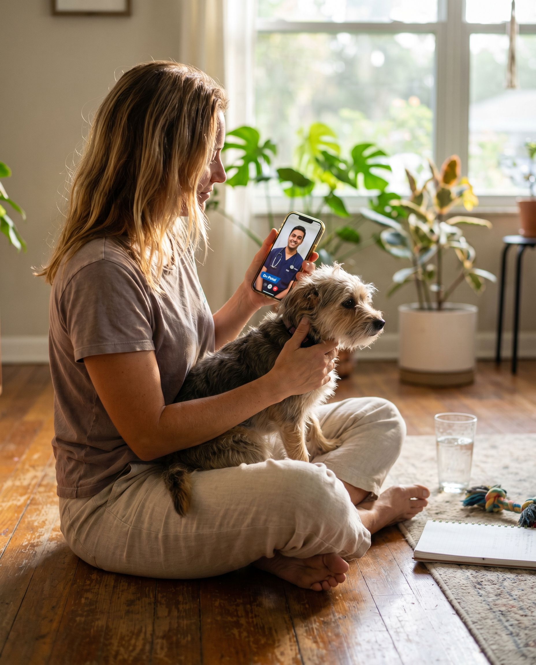 A pet owner on a sunlit living room floor holding her dog while a veterinarian joins her on a video call